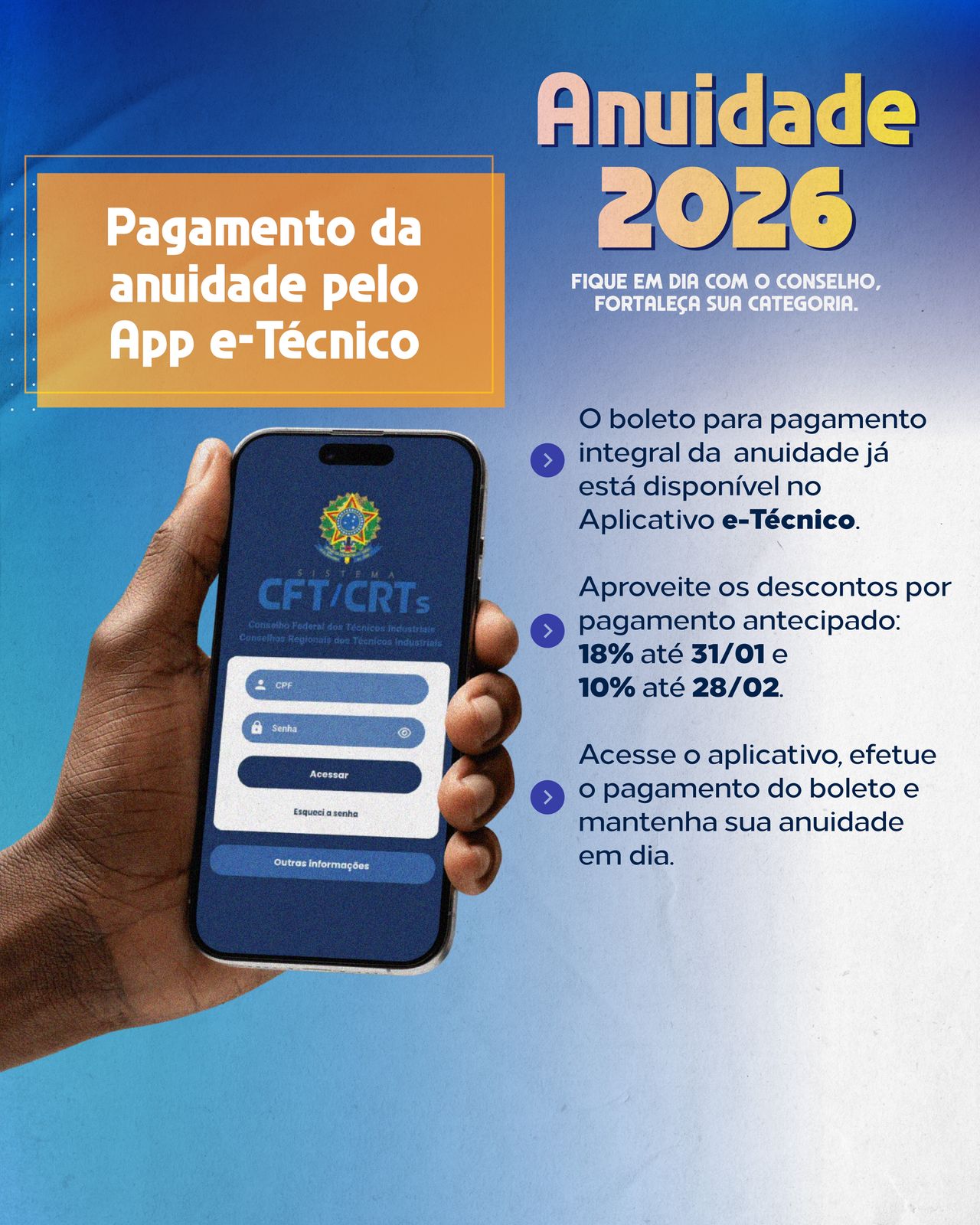 Pague sua anuidade pelo aplicativo e-Técnico