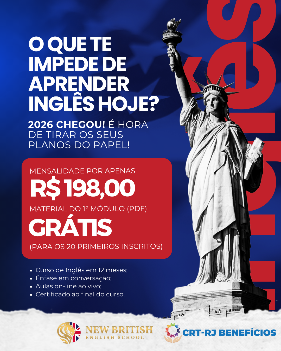 Aprenda inglês em 12 meses com a New British, parceira do CRT Benefícios!