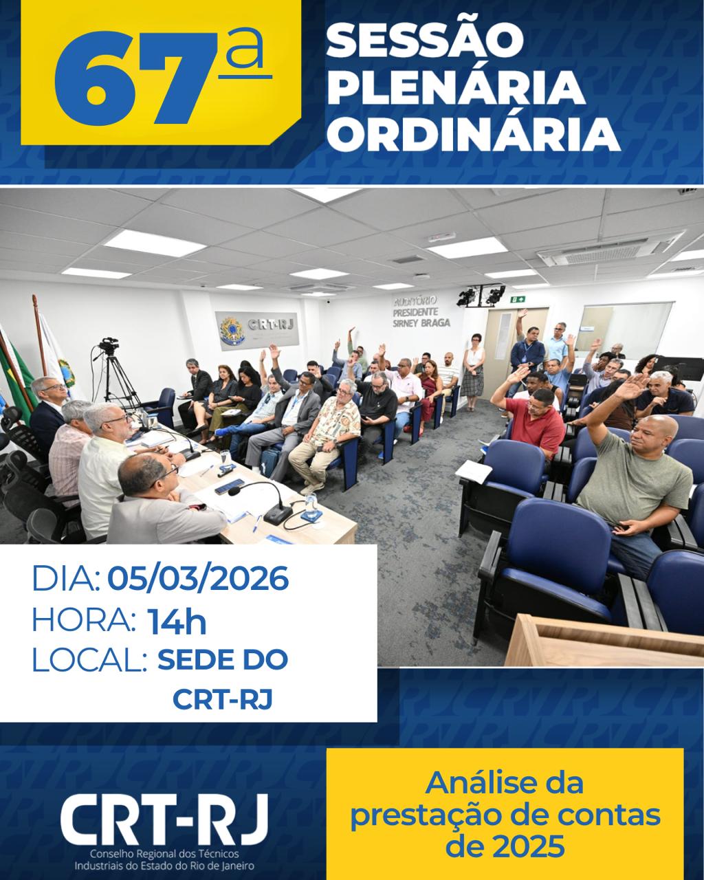 Participe da 67ª Sessão Plenária Ordinária do CRT-RJ