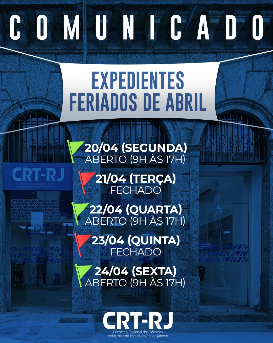 Expediente do CRT-RJ nos feriados em abril (21 e 23/4)