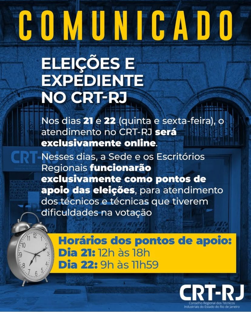 Expediente do CRT-RJ nos Dias de Eleição