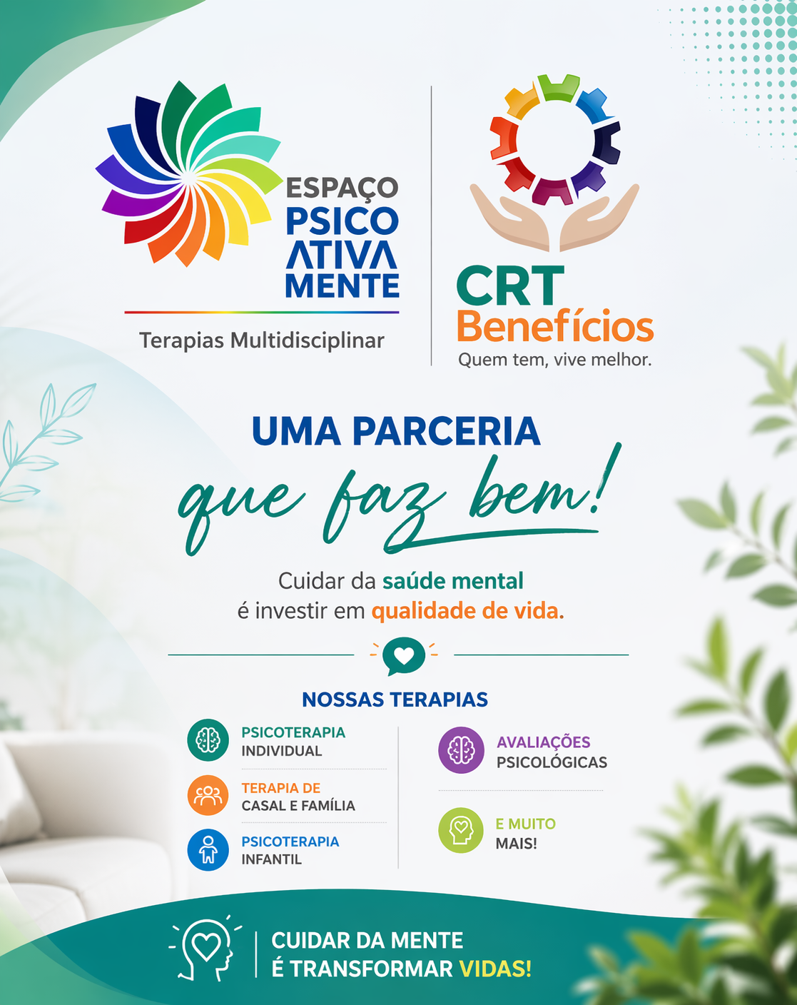 CRT Benefícios firma parceria com Espaço PsicoAtivaMente   e oferece 15% de desconto